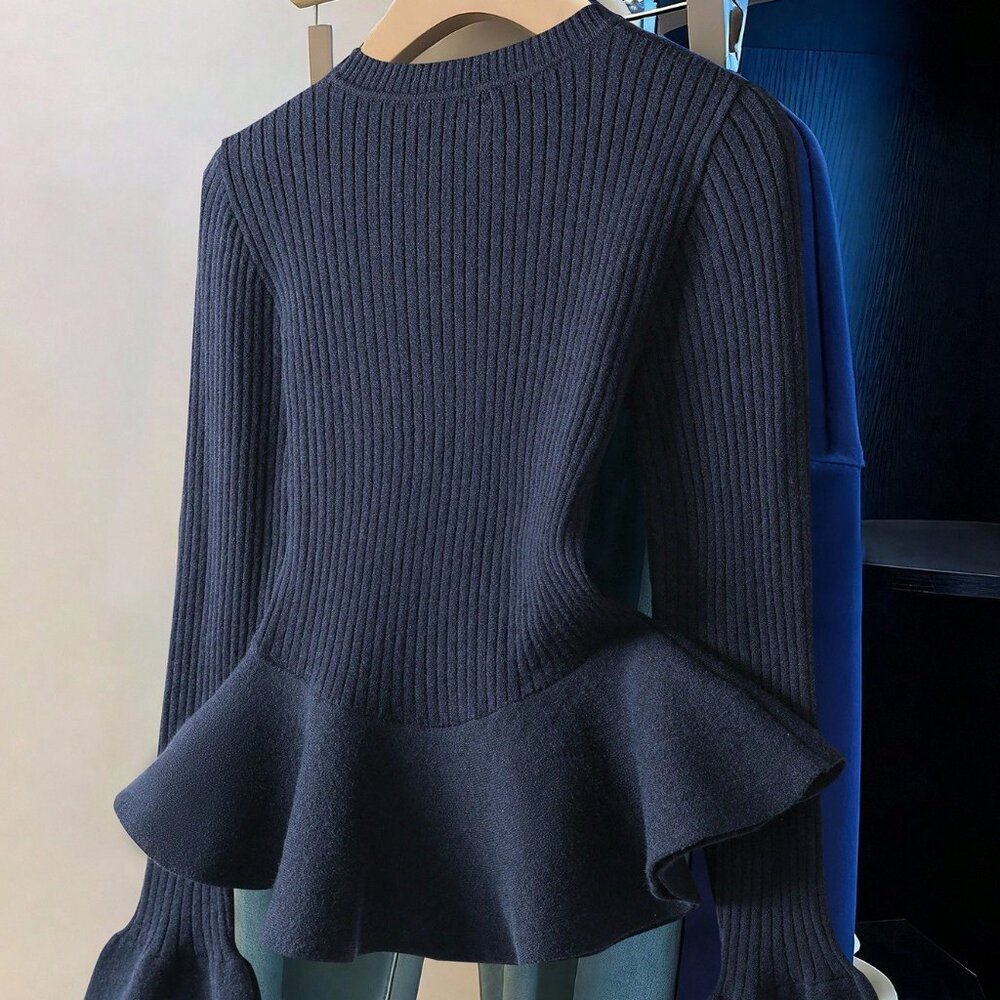 Royal Blue Casual Women's Elegant Ruffle Hem Flare Sleeve Sweater - Picture 2 of 6